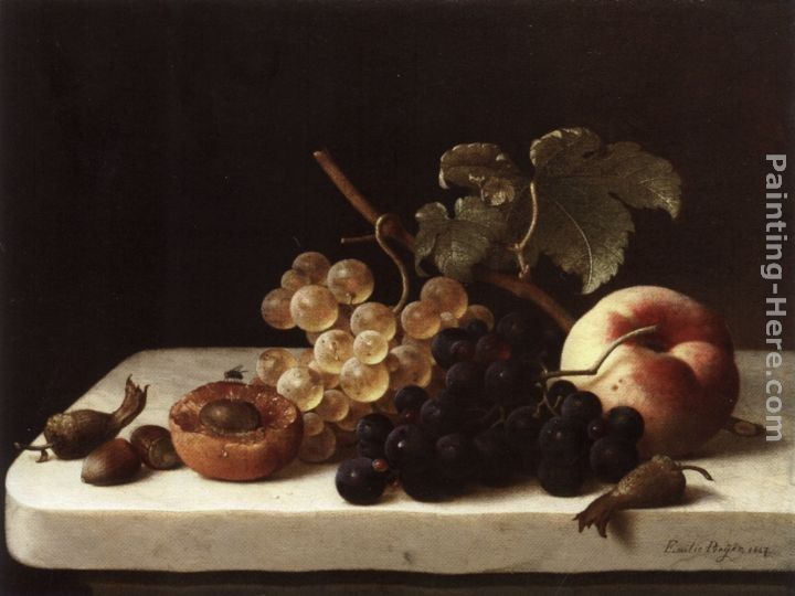 Emilie Preyer Grapes Acorns and Apricots on a Marble Ledge